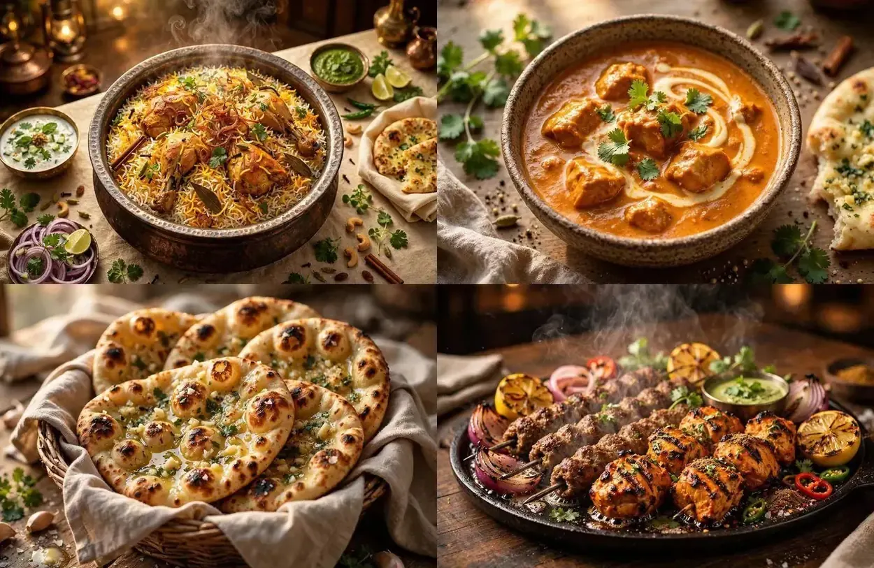 A spread of Indian curries and rice at Spice Heaven