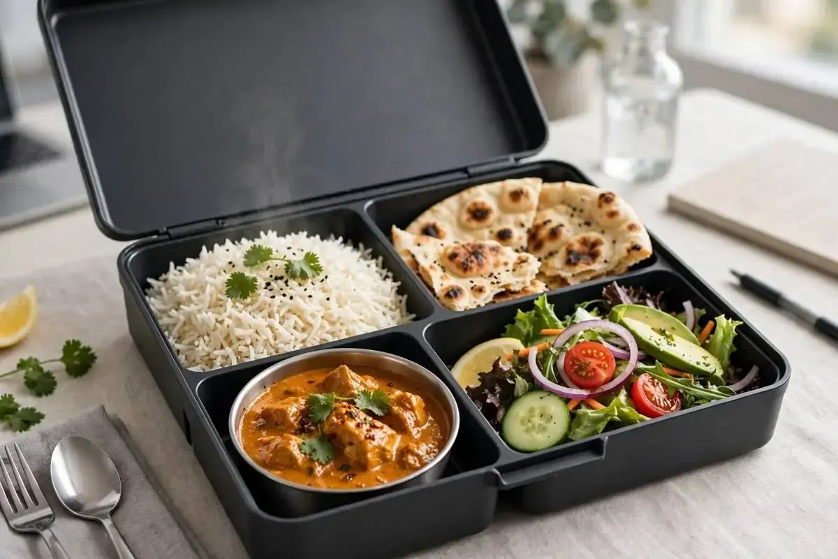 Complete Indian lunch box with curry, basmati rice, naan and fresh salad