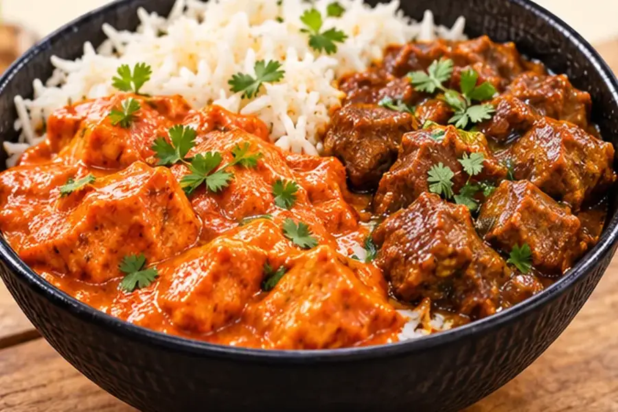 Rice bowl with two curries for office lunch
